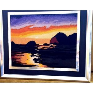 Sunset Ocean Cove Needlepoint Homemade‎ Silver Frame Matted